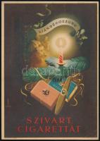 cca 1935 Ajándékozzunk szivart, cigarettát, karton reklámplakát, Konecsni György (1908-1970) grafikája, Klösz nyomás, ritka, jó állapotban, 24×17 cm