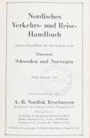 Nordisches Verkehrs- und Reise-Handbuch. Kurzer Reiseführer für den Verkehr nach Dänemark, Schweden und Norwegen. Fünfster Jahrgang. Gotenburg, 1927, A.-B. Nordisk Resebureau, (4)+254 p. + 1 t. (kihajtható térkép). Fekete-fehér képekkel illusztrálva. Német nyelven. Bordázott gerincű könyvkötői bőrkötés, az eredeti illusztrált papírborító bekötve, Ingatlan Rt. Fiume Szálloda bélyegzővel.