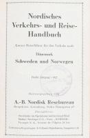 Nordisches Verkehrs- und Reise-Handbuch. Kurzer Reiseführer für den Verkehr nach Dänemark, Schweden und Norwegen. Fünfster Jahrgang. Gotenburg, 1927, A.-B. Nordisk Resebureau, (4)+254 p. + 1 t. (kihajtható térkép). Fekete-fehér képekkel illusztrálva. Német nyelven. Bordázott gerincű könyvkötői bőrkötés, az eredeti illusztrált papírborító bekötve, "Ingatlan Rt. Fiume Szálloda" bélyegzővel.