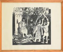 Berki Viola (1932-2001): Középkori jelenet. Linó, papír, jelzett, üvegezett fakeretben, 30×33 cm