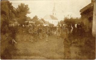 Németremete, Remetea Mica (Temes); katonai felvonulás a Fő téren, templom / military parade on the main square, church. photo + "NÉMETREMETE POSTAI ÜGYN" (Rb)