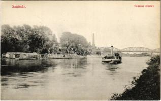 Szatmárnémeti, Szatmár, Satu Mare; Szamos, híd, gyárkémény, úszó hajómalom / Somes river, bridge, factory chimney, floating boat mills