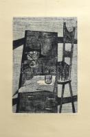 Kádár György (1912-2002): Asztal, szék. Rézkarc, papír, jelzett. feltekert állapotban, 29x19 cm
