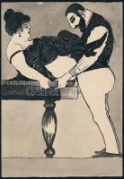 cca 1920 Egy zsidó pár erotikus jelenete, gúnyrajz, tus, akvarell, 13×9 cm