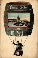 Mariazell, Durstige Grüsse / Flying gentleman drinking beer, montage with beer barrel airship (small tear)