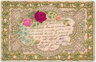 1901 Csipke hatású dombornyomott virágos litho üdvözlőlap / Lace style ermbossed litho greeting art postcard, silk card (EK)
