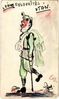 Leány felderítés után. Kézzel rajzolt humoros katonai művészlap / Hand-drawn Hungarian military humour art postcard (non PC) (EM)