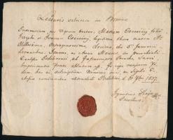 1837 Podolin plébános által kiállított anyakönyvi kivonat Csecsény család részére. viaszpecséttel.