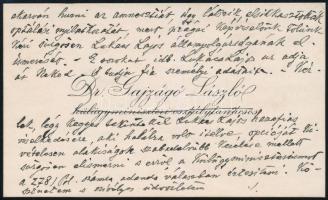 1922 Dr. Gajzágó László külügyminiszteri tanácsos névjegykártyáján írt levele Horváth Kornél belügyi...