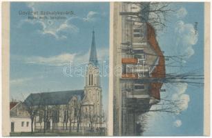 1915 Székelykeve, Skorenovac; Római katolikus templom, Paplak. Hangya szövetkezet kiadása / Catholic church, rectory (EK)