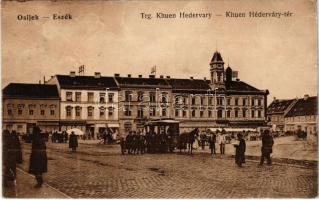 1917 Eszék, Osijek, Essegg; Trg. Khuen Hedervary / Khuen Héderváry tér, Központi szálloda, lóvasút, piac. Vasúti levelezőlapárusítás 5638. / square, hotel, horse-drawn tram, market (EB)