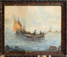 Jelzés nélkül: Halászok a tengeren. Akvarell, papír. Sérült. sérült üvegezett fakeretben. 33x48cm