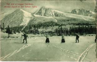 1911 Tátra, Magas-Tátra, Vysoké Tatry; Téli élet a Magas-Tátrában, síelés. Dr. Guhr Mihály felvétele / Winter Sport in der hohen Tatra / winter sport in the High Tatras, ski (EK)