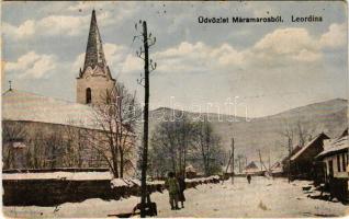 1926 Leordina (Máramaros), utca télen, templom / winter, street, church