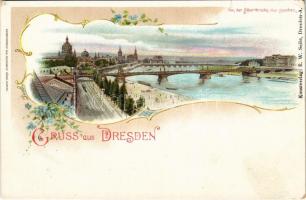 Dresden, Von der Albertbrücke aus gesehen. Art Nouveau, floral, litho