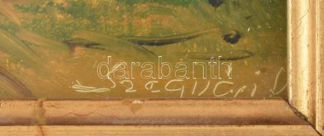 Szegvári Károly (1920-2002): Tanya. Olaj, farost, jelzett, fa keretben, 14×18 cm