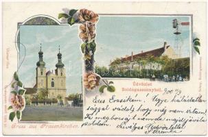 1900 Boldogasszony, Frauenkirchen; szélmalom, templom / Kirche, Windmühle / church, windmill. Isidor Schey. Art Nouveau, floral (fl)
