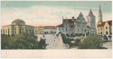 Lőcse, Levoca; Körtér, Városháza, templomok. 3-részes kihajtható panorámalap / square, town hall, churches. 3-tiled folding panoramacard (EB)