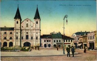 1916 Zsolna, Sillein, Zilina; Főtér az árvaházi templommal, Tatar József üzlete. Vasúti levelezőlapárusítás / main square, church, shops (fl)