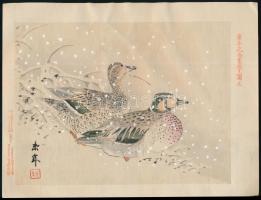 Imao Keinen (1845 - 1924): Vadkacsák. Fametszet, papír. Jelzett. 17x23cm (Könyvillusztráció egy darabja: Madarak és virágok festményalbum. 1892.) Korának megfelelő állapotban.