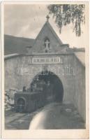 1929 Verespatak, Goldbach, Rosia Montana; Intrarea in minele de aur ale Statului cu locomotive electrice / Aranybánya bejárata iparvasúttal, villanymozdony / gold mine entrance, industrial railway, electric locomotive. Foto Bach photo (ragasztónyom / glue marks)