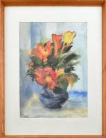 Hubay Miklós (1922 - ): Virágcsendélet. Akvarell, papír. Üvegezett keretben. Jelzett. 47x33cm