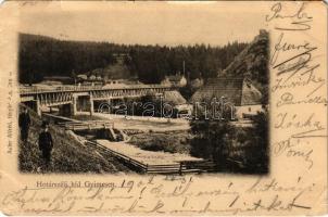 1902 Gyimesbükk, Ghimes-Faget (Gyimes, Ghimes); Határszéli híd és a Rákóczi vár, határőrök. Adler Alfréd fényképész / border bridge, castle ruins, border guards (b)