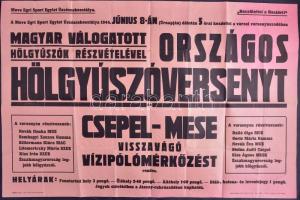 1944 Országos Hölgyúszóverseny és Csepel-MESE visszavágó vízipólómérkőzés plakátja, kis szakadásokkal, 62×94 cm