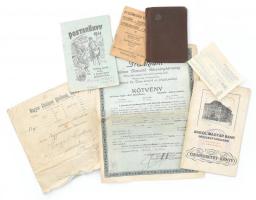 cca 1920-1946 7 db vegyes nyomtatvány: MOKTÁR, Postakönyv, átszáímtási tábla, banki papírok, stb