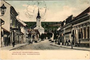1905 Fehértemplom, Ung. Weisskirchen, Bela Crkva; utca, templom / street, church (fl)