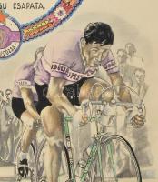 1959 Bp., a Budapesti Kerékpáros Szövetség által kiállított, kézzel rajzolt, grafikus oklevél, az Új...