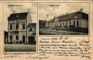 1907 Naszód, Nasaud; Takarékpénztár, Erdészlak. Piros A. kiadása / savings bank, foresters house (EB)
