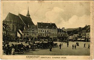 1915 Brassó, Kronstadt, Brasov; Marktplatz, Schwarze Kirche / Piactér, Fekete templom, J. L. & A. Hesshaimer üzlete. H. Zeidner kiadása / market, church, shops (fl)