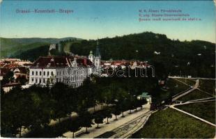 Brassó, Kronstadt, Brasov; M. kir. Állami főreáliskola, városi vasút állomása / K. ung. Staats-Oberrealschule / Scoala reala superioara de stat r. u. / school, urban railway station