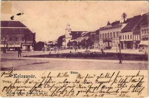 1900 Kolozsvár, Cluj; Fő tér, Tamási Tamás és Fia, Szele Márton üzlete. Kováts P. Fiai kiadása / main square, shops (r)