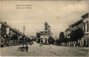 Poprád (Tátra, Tatry); utca, templom, Csonkatorony / street, church, tower