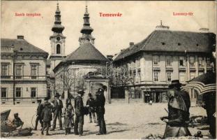 1909 Temesvár, Timisoara; Losonczy tér, Szerb templom, Kerschek üzlete, csendőr / square, Serbian church, shops, gendarme + &quot;ORSOVA - BUDAPEST 75. SZ. D&quot; vasúti mozgóposta bélyegző (ázott sarok / wet corner)