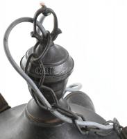 Antik réz csillár, három ágú, 4 üvegbúrával, korának megfelelő sérülésekkel, d:45cm, m:70cm