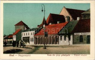 Nagyenyed, Aiud; Fő tér, Lang, Rosenthal & Palmhert üzlete, Schust. gyógyszertár / piata principalla / square, shops, pharmacy