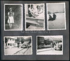 11 db vegyes témájú (autók, népviselet, Mobiloil reklámtábla, stb.) fotó albumlapra ragasztva, vegye...