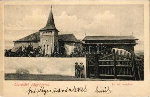1908 Algyógy, Geoagiu; Református templom, Székelykapu. Adler fényirda / Calvinist church, wood carved gate