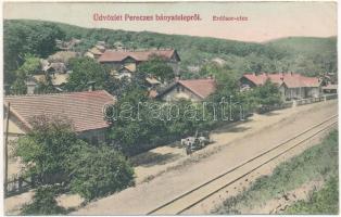 1913 Pereces (Miskolc), Diósgyőri m. kir. vas- és acélgyár bányatelepe, Erdősor utca, vasútvonal. Szilágyi Arthur műintézetéből (EK)