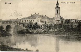 1916 Gyoma, Körös-parti részlet, híd, templom