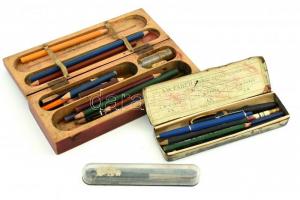Fa tolltartó doboz, belsejében ceruzákkal + kopott Faber Castell fém doboz, belsejében ceruzákkal + toll dobozban, kopottas állapotban