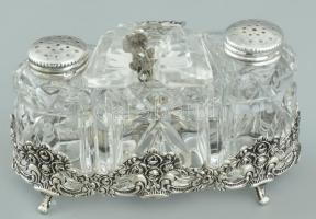 Ezüst (Ag) asztali só, bors, paprika kínáló szett. Hildesheimi rózsa díszítéssel, csiszolt kristály,...