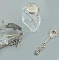 Ezüst (Ag) asztali só, bors, paprika kínáló szett. Hildesheimi rózsa díszítéssel, csiszolt kristály,...