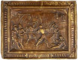 Réz dombornyomott repousse csatajelenet, felirat:Dispute Dereitres, kopott, 17x23cm