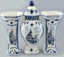 Delft 3 darabos fajansz váza szett. Máz alatti kék festéssel, jelzett, egyiken hajszál-repedéssel m:25-28 cm