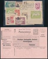 cca 1940-1950 Díjjegyes illeték kivágások marhalevelekről, részben felülnyomott, hozzá két postautalvány.