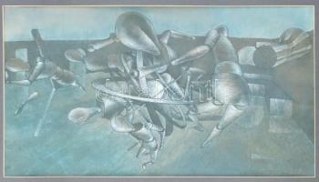 Kőnig Frigyes (1955-): Figurák (cím nélkül). Vegyes technika, papír. Jelzés nélkül. Üvegezett keretben. 27,5x47 cm